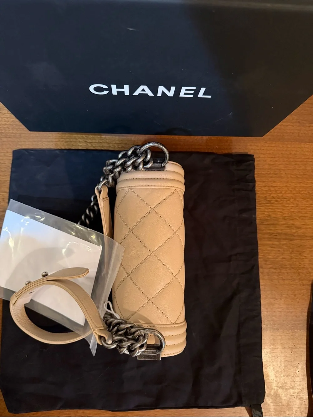 CHANEL Beige Quilted Boy Shoulder Bag with Dark Silver Hardware
